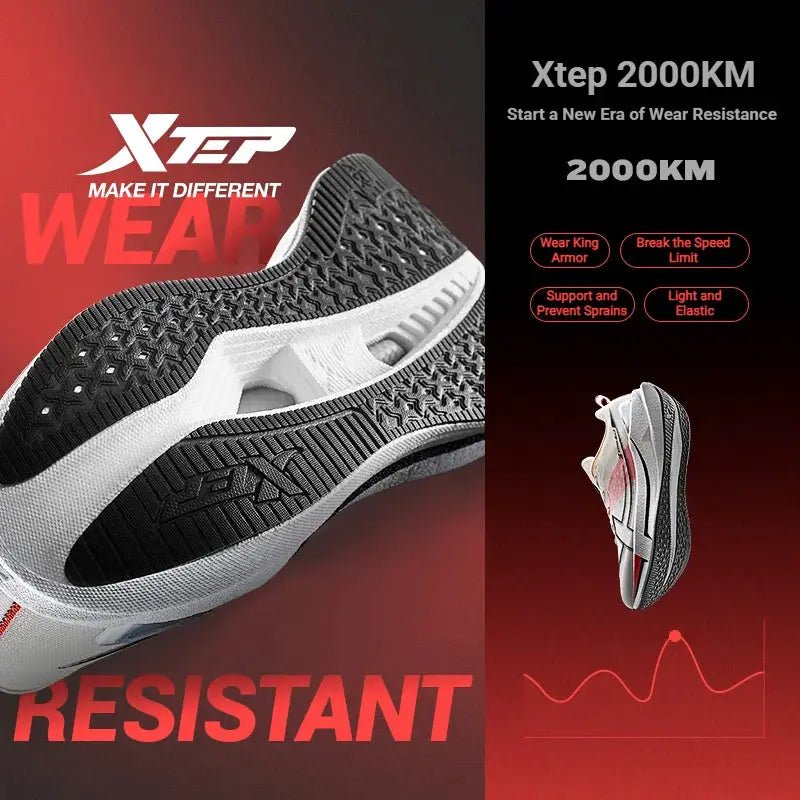 Xtep 2000KM running shoes in white and gray with black outsole; lightweight cushioned wear-resistant sneakers