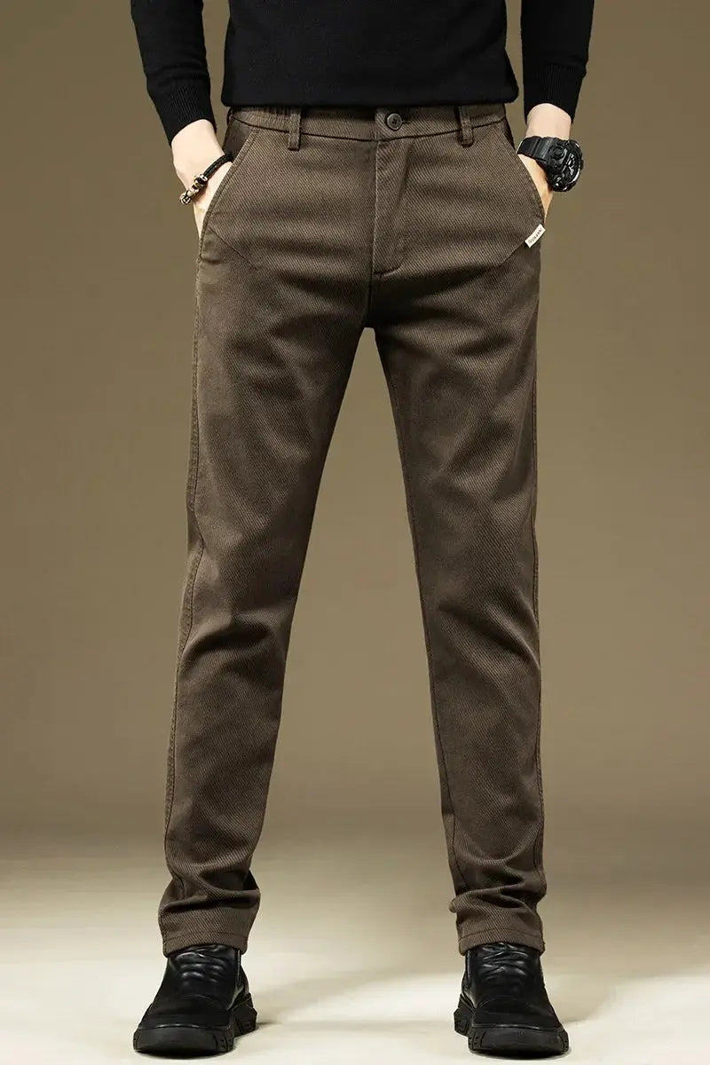 KUBRO men's cotton casual pants, solid brown khaki, straight-leg business trousers