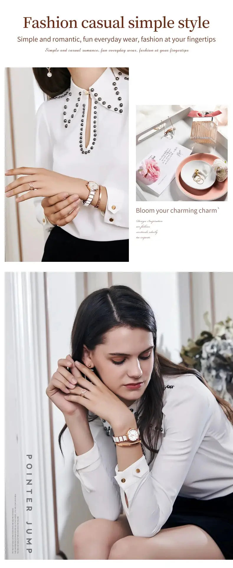 OLEVS women's rose-gold ceramic-strap quartz wristwatch; shown in two images