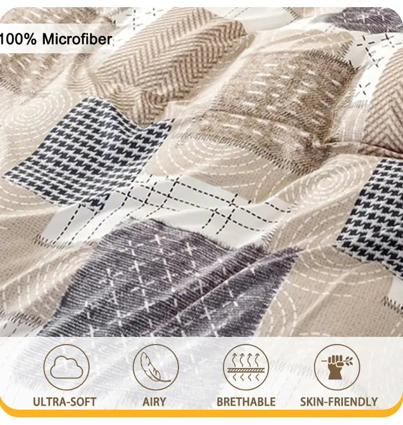 3pc patchwork duvet cover set in beige/brown microfiber; includes duvet cover and 2 pillowcases