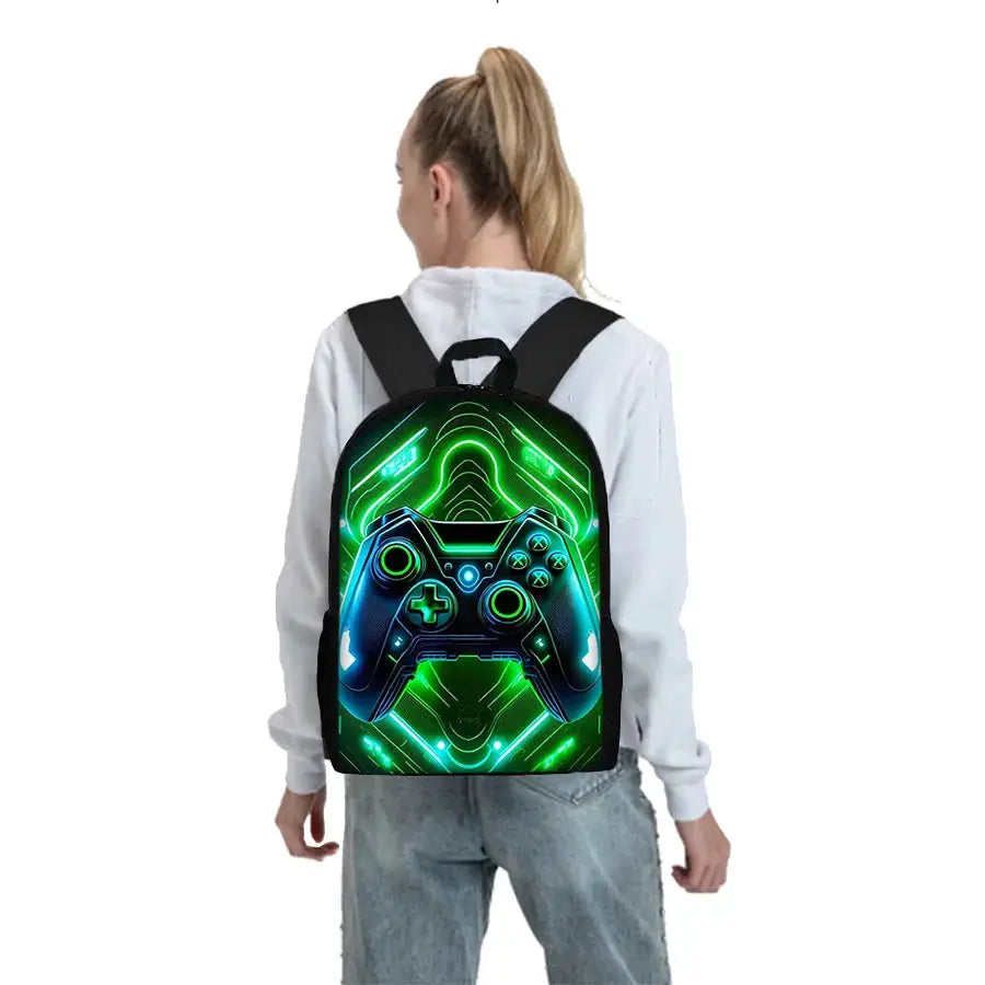 Backpack with neon blue-green game controller pattern on black background for kids