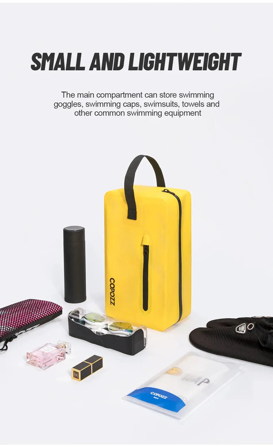 Gym bag COPOZZ yellow with black top handle, dry-wet separation for fitness and travel