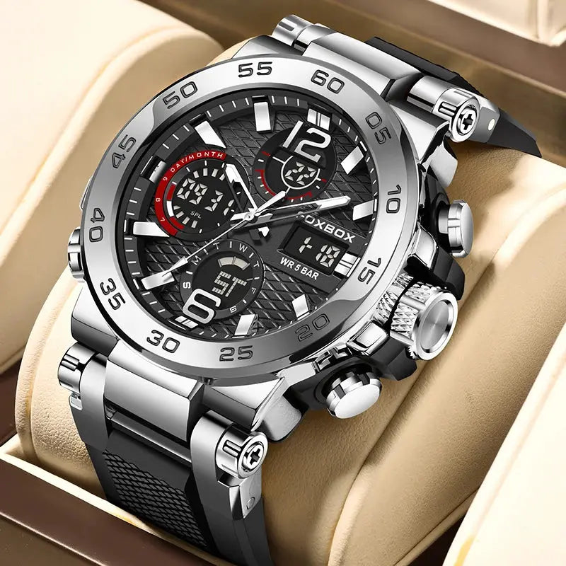 FOXBOX Sport men's digital chronograph watch with luminous black dial and silver stainless steel band
