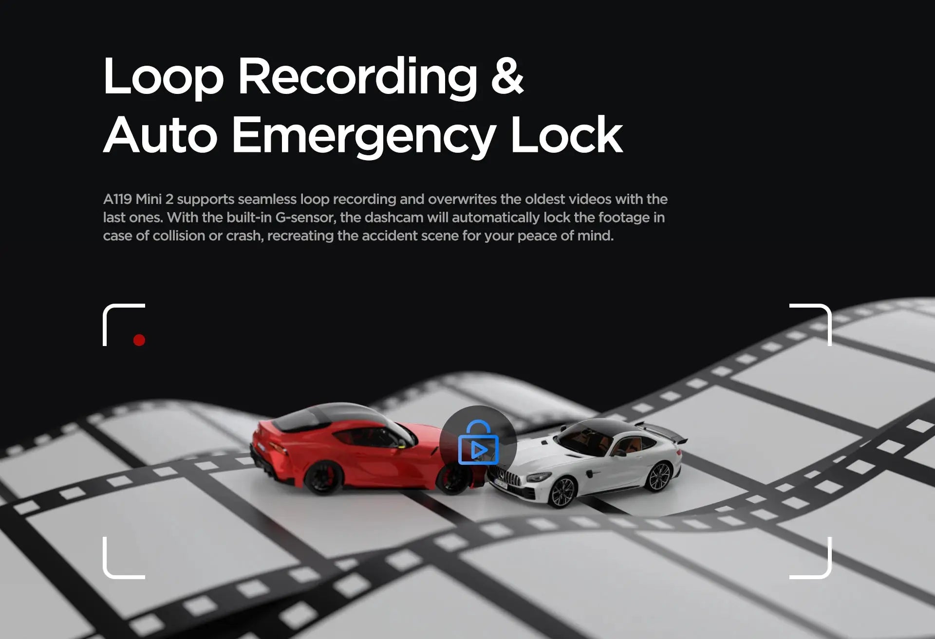 VIOFO A119MINI-2 dash cam banner with two toy cars on a film strip and loop recording text
