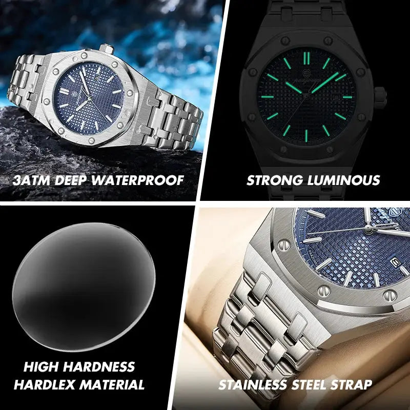 PAAZOMU luxury square men's quartz watch with stainless steel strap, waterproof, luminous dial, and date function.