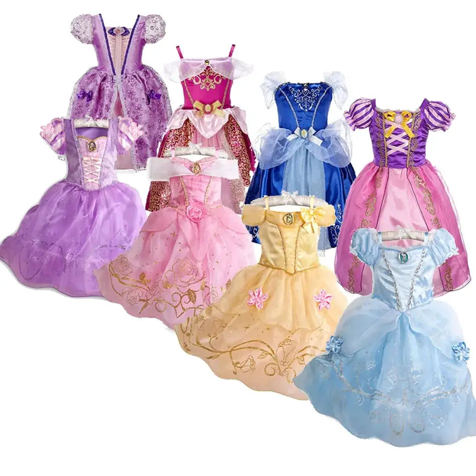 Kids Princess Costume Party Dress With Floral Pattern And Appliques Inspired By Rapunzel And Belle