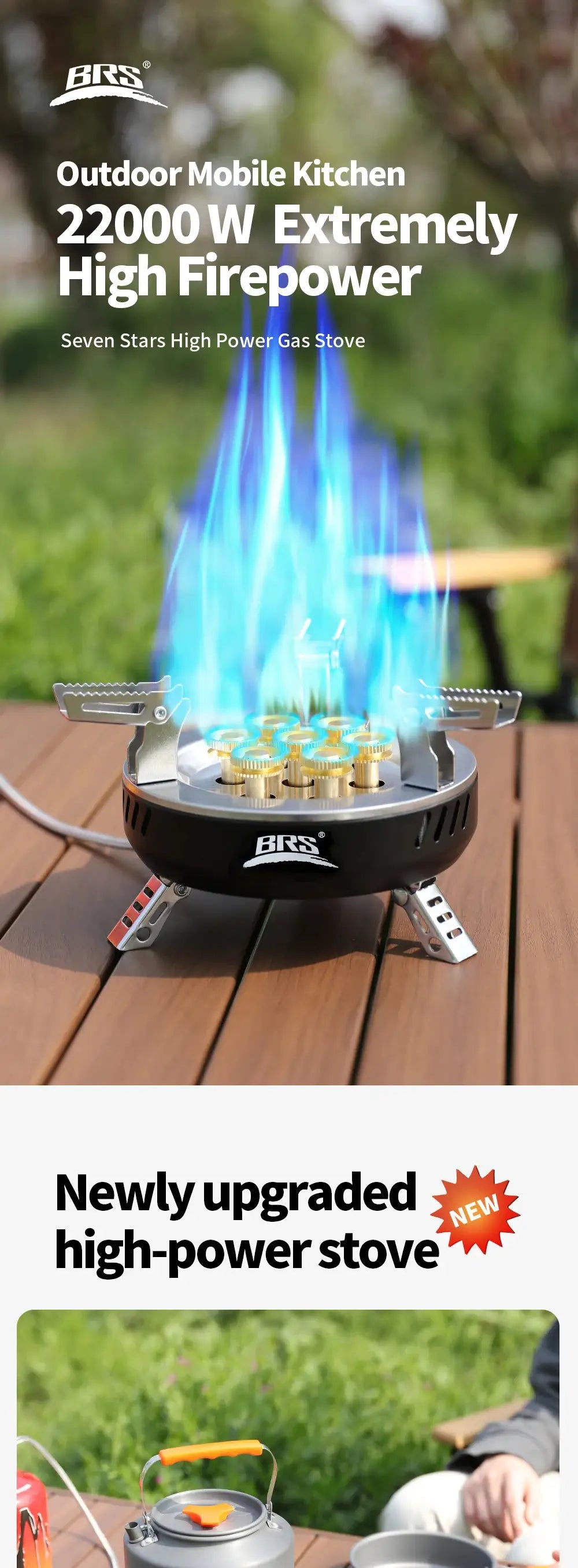 BRS outdoor portable gas stove by Simples Market, black stove with brass burners and blue flames