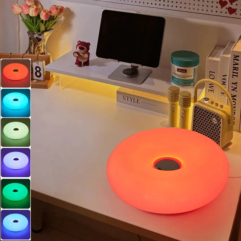 Donut-shaped Bauhaus table lamp, Simples Market, USB-powered ambient light with red-orange glow