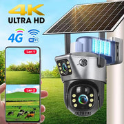 4G WiFi solar outdoor camera with dual lenses, 8MP/4K, low-power battery, PIR night vision CCTV security