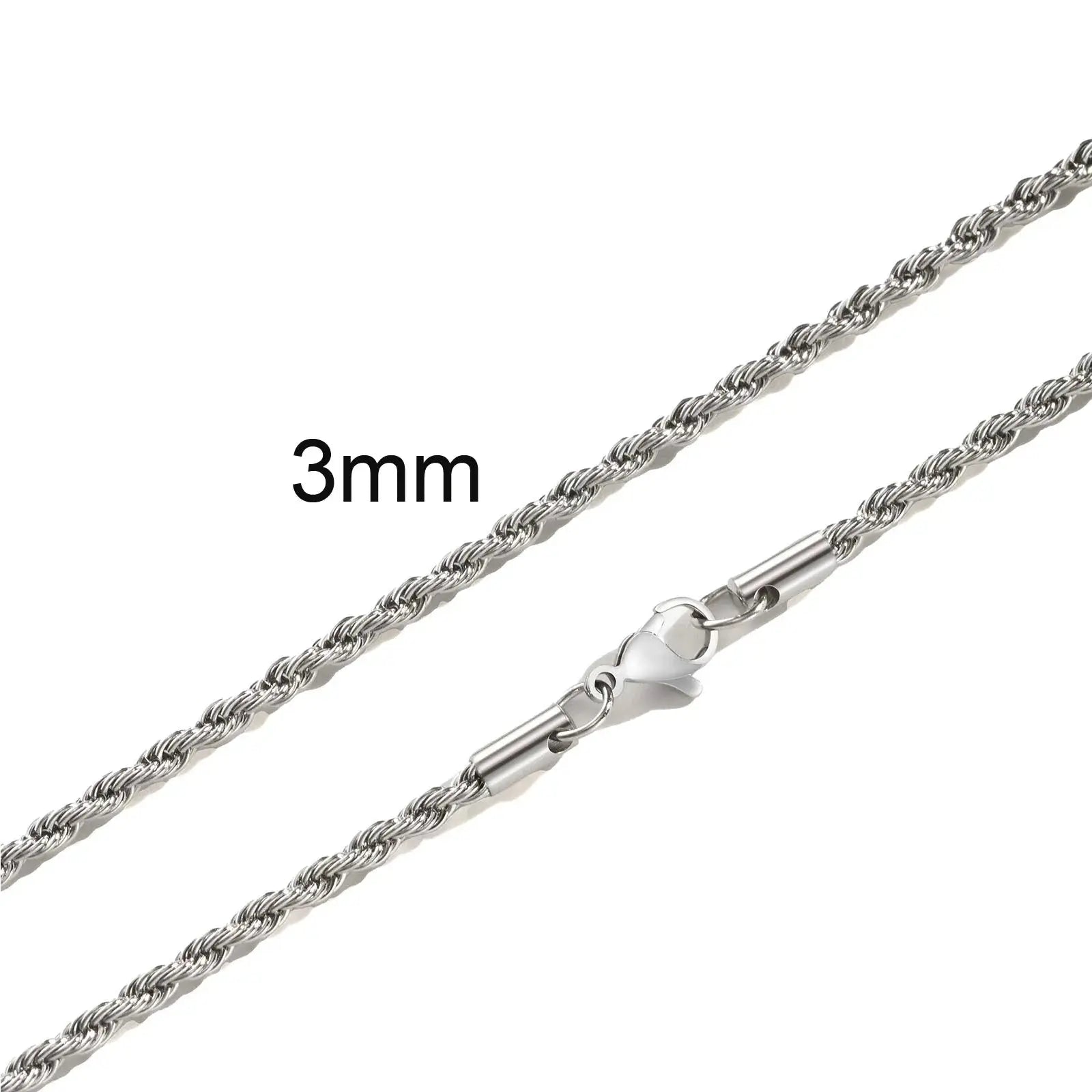 Rope chain necklace, 3mm width in stainless steel silver tone, with lobster clasp, 16–36 inch length.