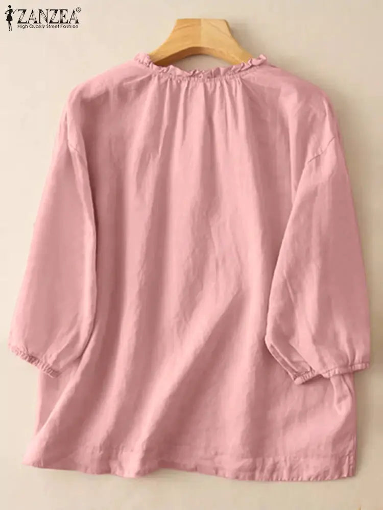 ZANZEA Summer Vintage Womens Blouse O Neck ThreeQuarter Sleeve Cotton