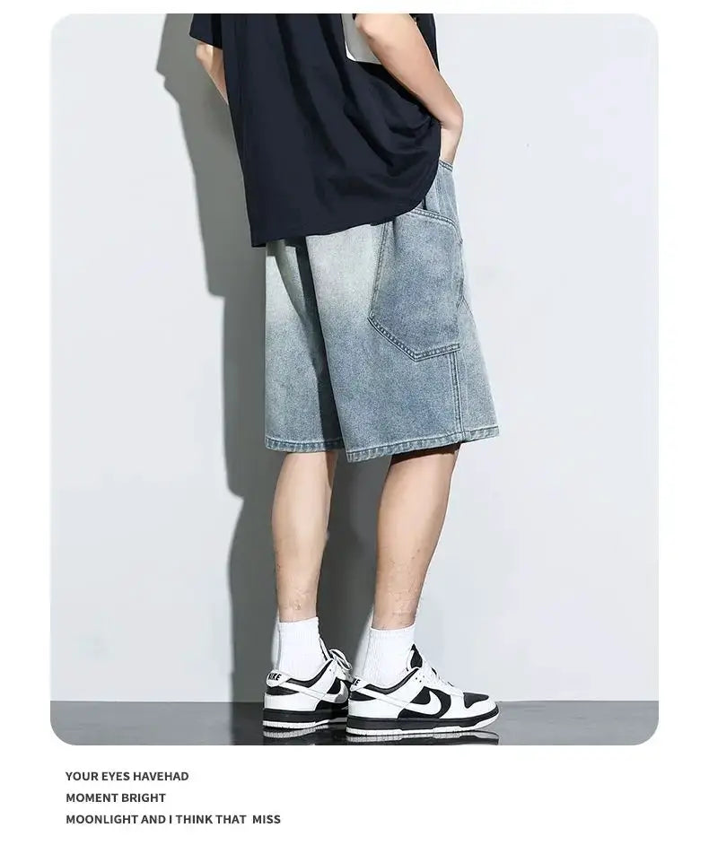 Baggy denim shorts, light vintage wash, men's streetwear shorts