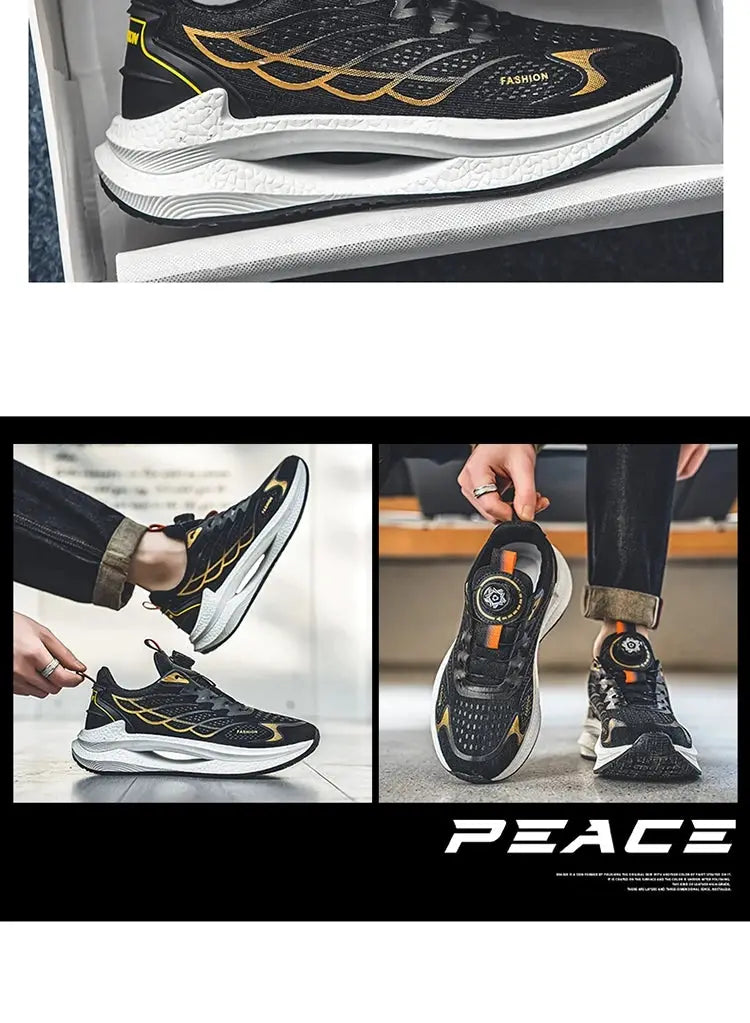 Simples Market men's breathable mesh casual running shoes in black with orange accents and white sole.