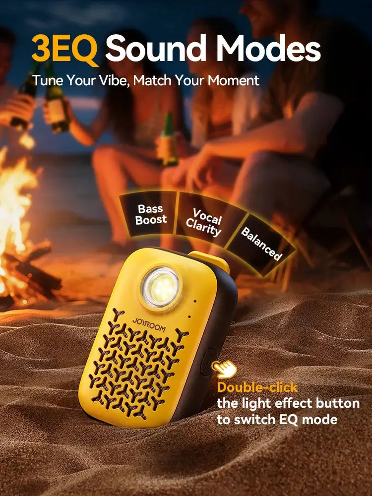 Joyroom wearable Bluetooth speaker, yellow clip-on portable personal speaker with EQ light button.