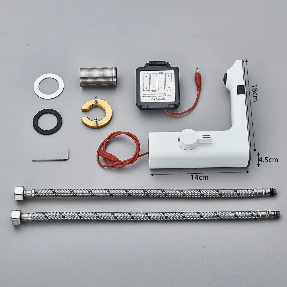 White Simples Market smart sensor basin faucet with digital display, includes 2 braided hoses and mounting hardware.