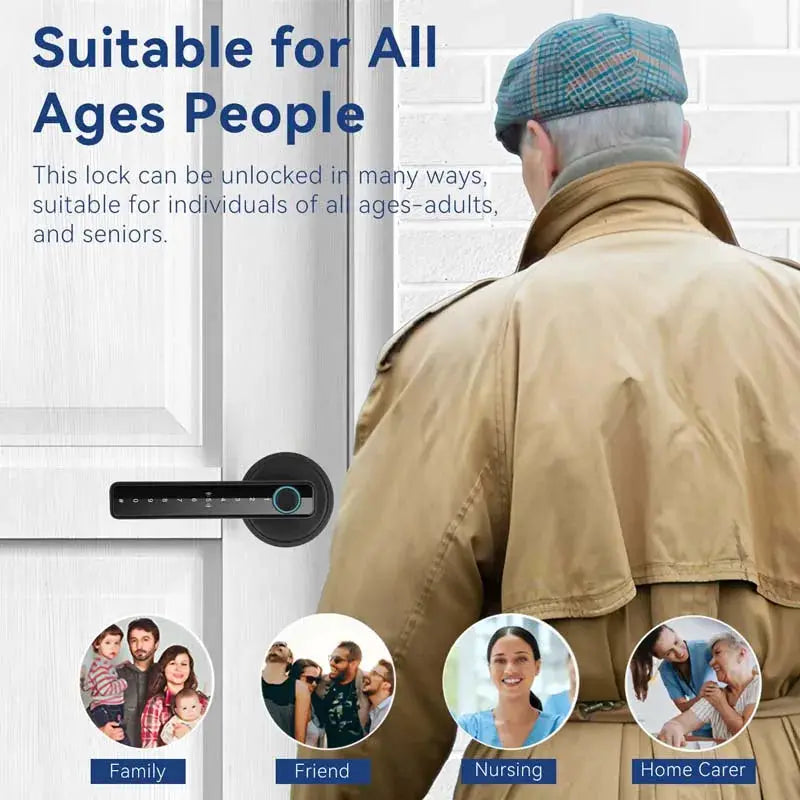 Tuya smart door lock with keypad and fingerprint; black handle with blue ring on white door, Simples Market