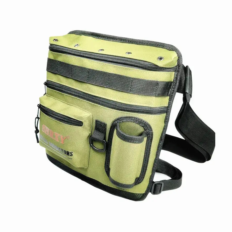 Metal detector finds bag in olive green with multiple zip pockets and adjustable shoulder strap