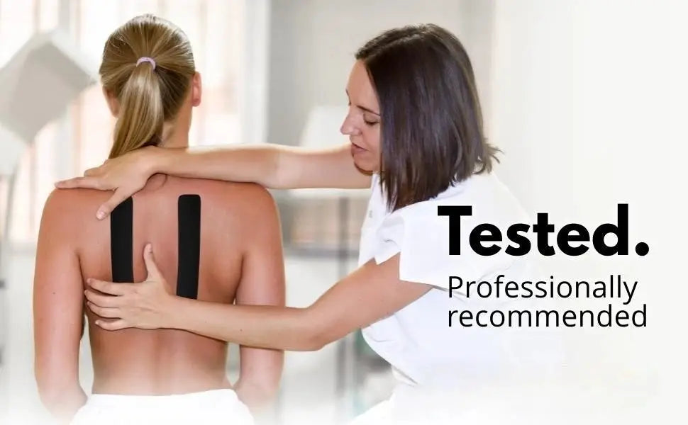 Kinesiology tape being applied to a person's back by a therapist; two black elastic strips for athletic recovery