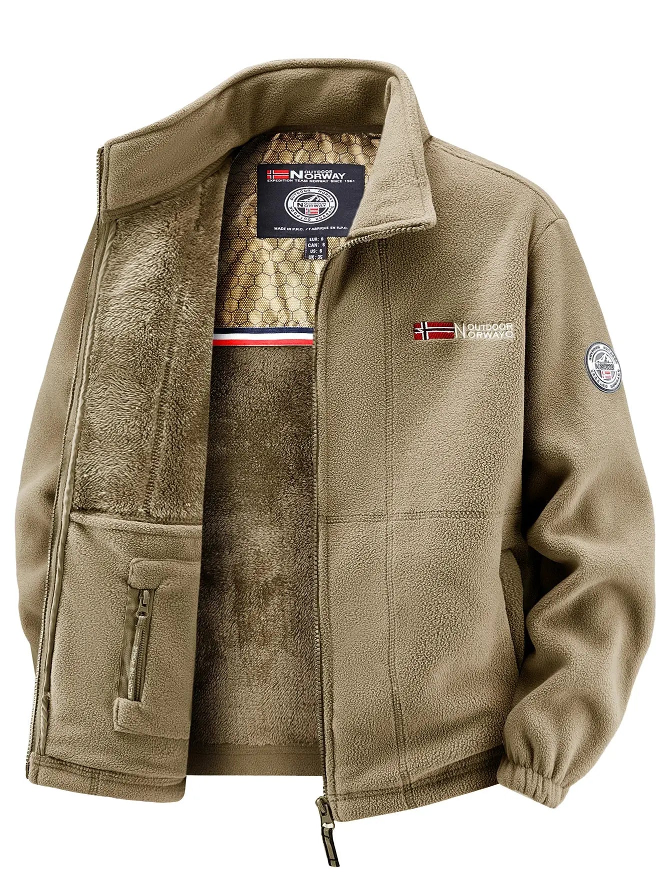 Men's fleece jacket by Simples Market in tan with Norwegian flag patch