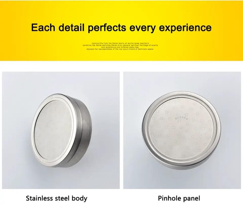 Shower head in brushed stainless steel with pinhole spray panel; shown in two views.