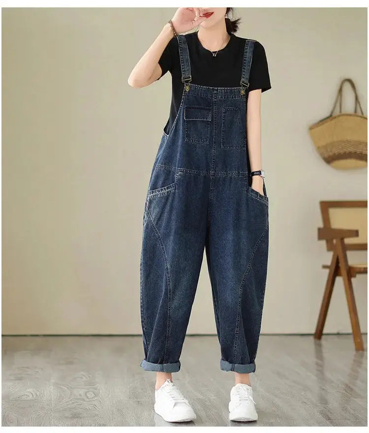 Women's blue denim overalls with multiple pockets and suspenders, vintage patchwork, loose casual jumpsuit