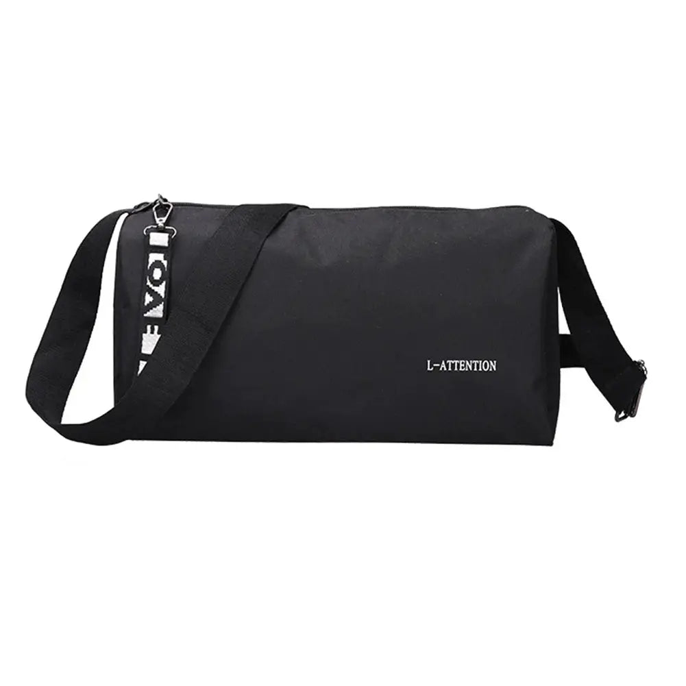 Sport gym bag black waterproof, large capacity with separate shoe pouch, L-ATTENTION logo, adjustable shoulder strap
