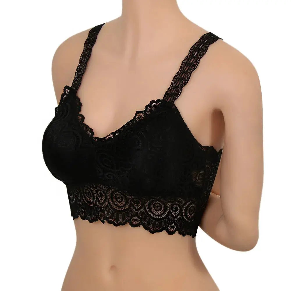 Women's black lace bralette with padded cups and scalloped crochet hem