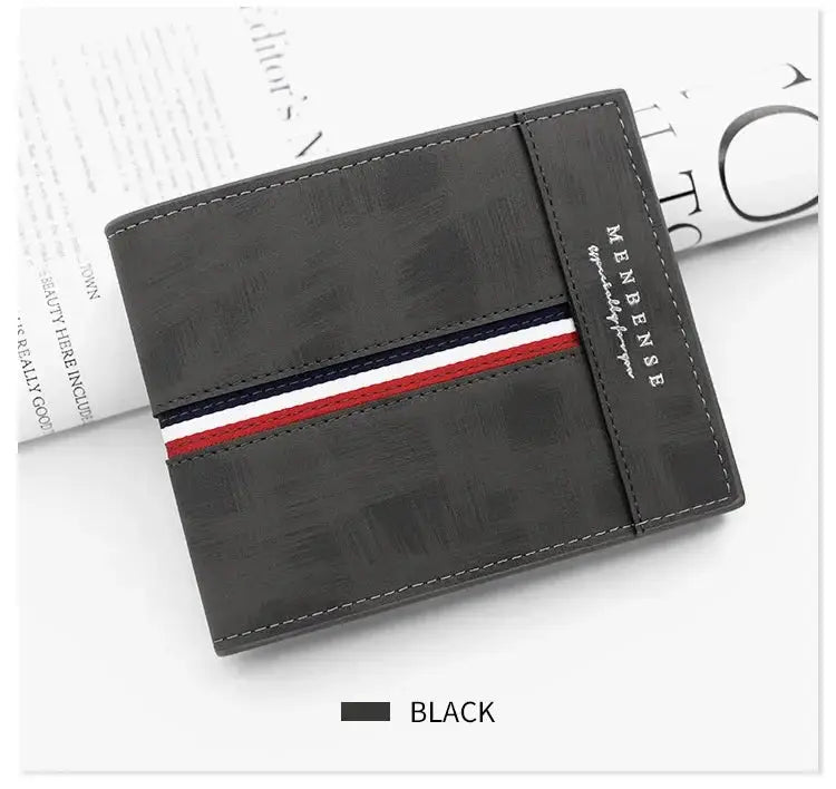 Simples Market black PU leather slim men's wallet with red, white and blue stripe
