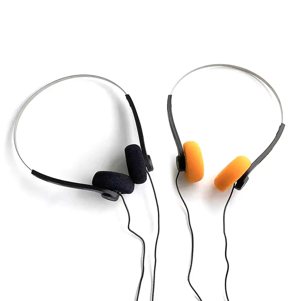 On-ear wired stereo headphones by Simples Market, two headphones with black and orange cushions, 3.5mm plug