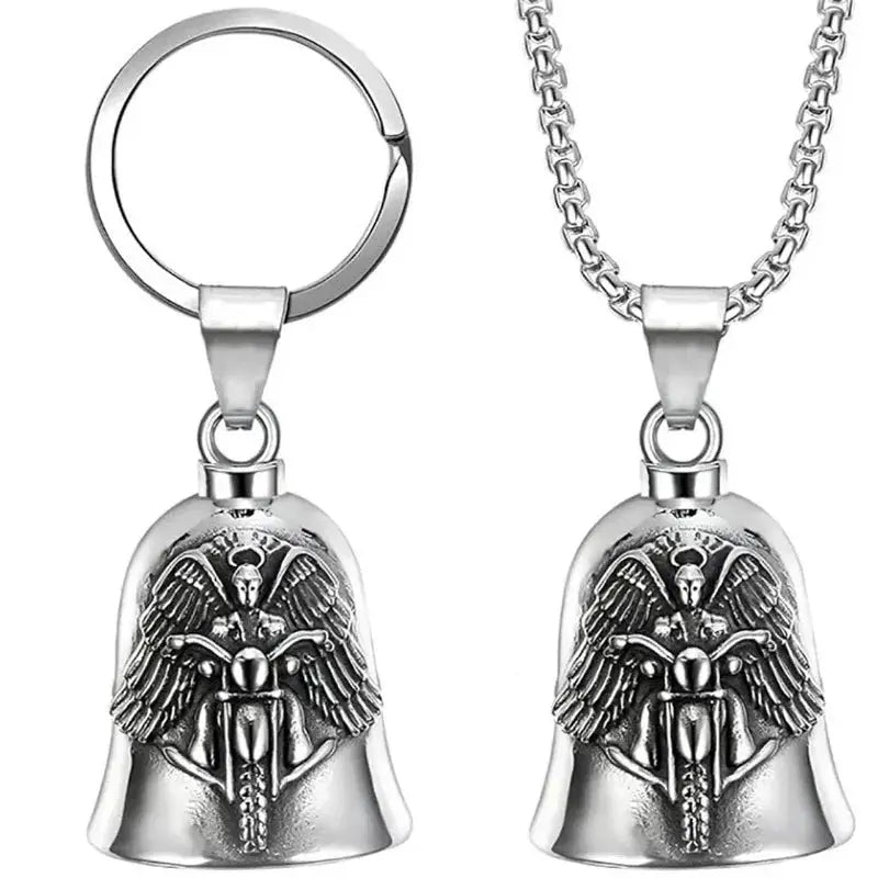 Angel Wings Motorcycle Bell Pendant Keychain Zinc Alloy Punk Rock Mens Riding Gift Accessory