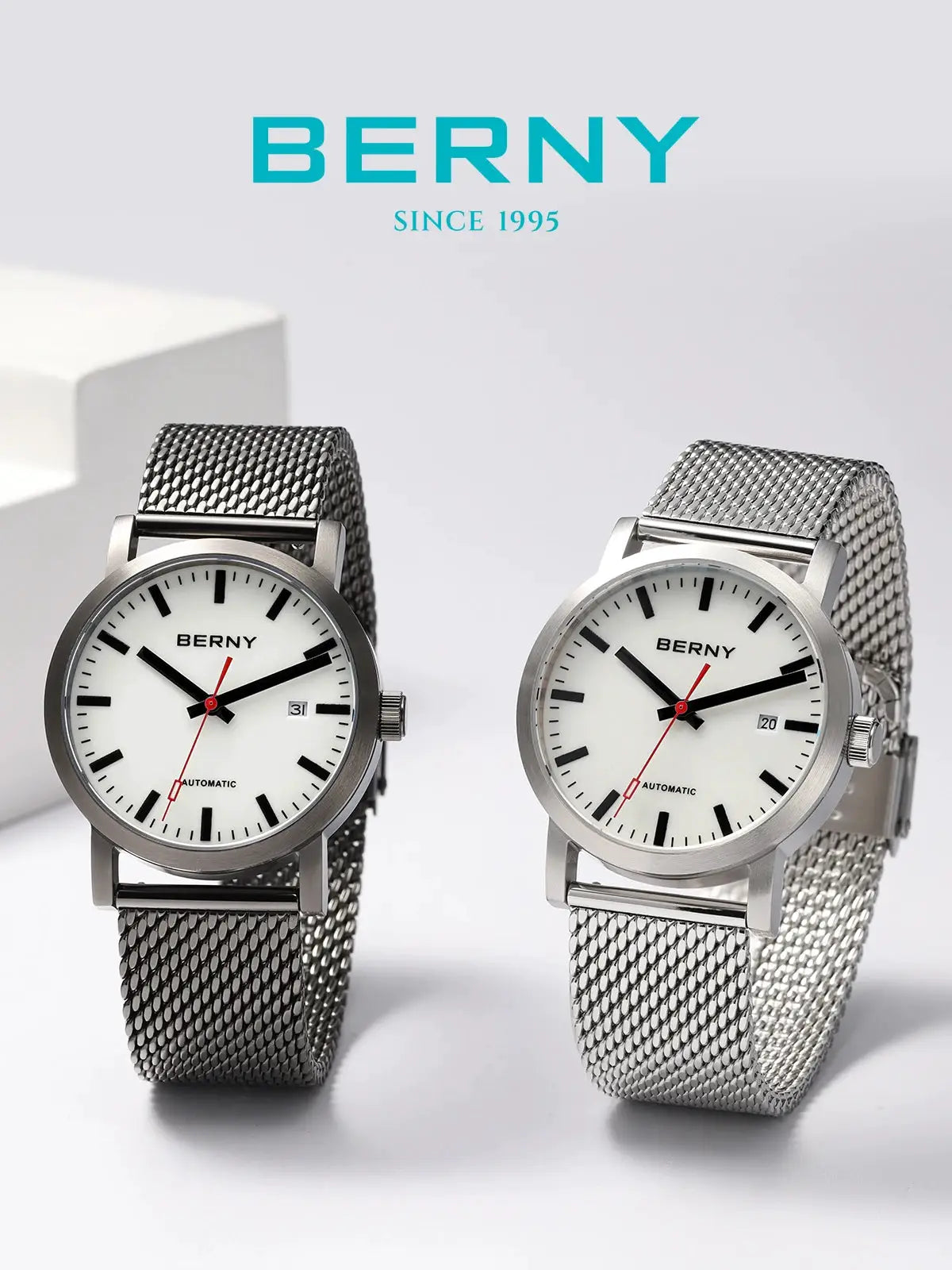 BERNY automatic men's wristwatch with stainless steel mesh band, white dial, black markers, red second hand (2).