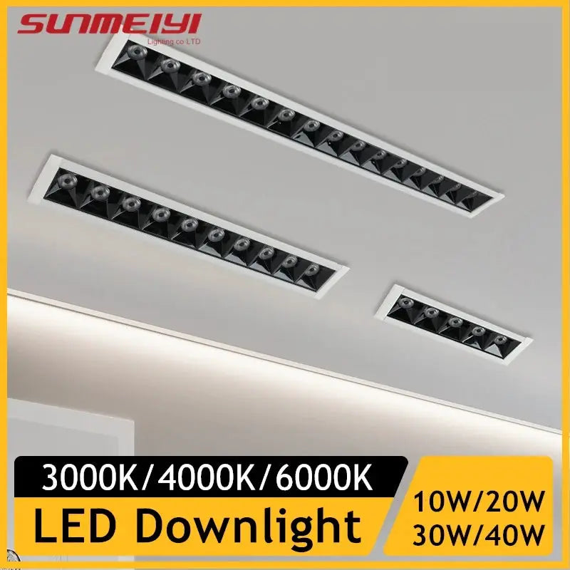 Three SUNMEISU LED line recessed rectangle downlights; white grille, 10/20/30W, AC85-265V for home and shop decor