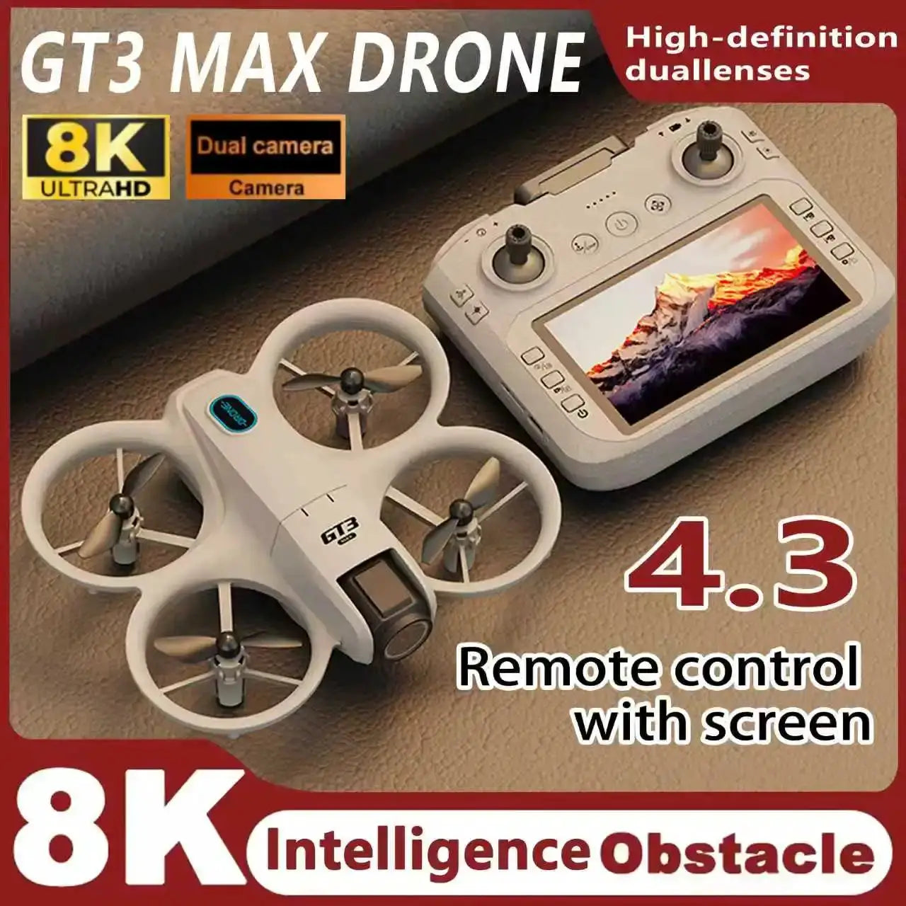 GT3 MAX drone quadcopter with white body and remote-control screen, 8K UltraHD dual cameras