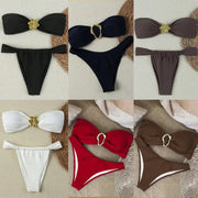 Bandeau push-up bikini set by Simples Market in 9 colors with Brazilian thong bottoms.