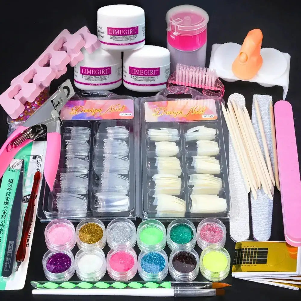 23-in-1 acrylic nail kit with LIMEGIRL powders; includes 12-color glitter powders, nail tips, brushes and files