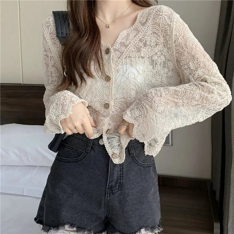 Vintage lace blouse for women, cream sheer long sleeves, Simples Market