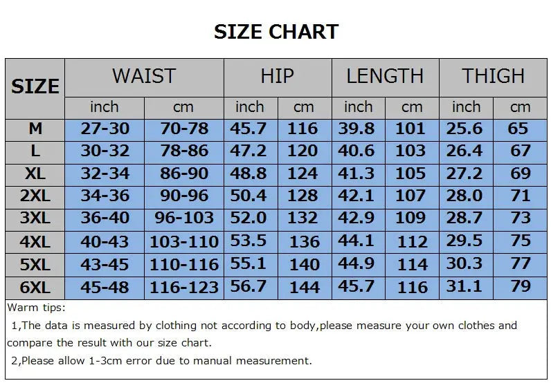 Big size men's casual cotton trousers size chart by Simples Market listing waist, hip, length, thigh sizes M-6XL