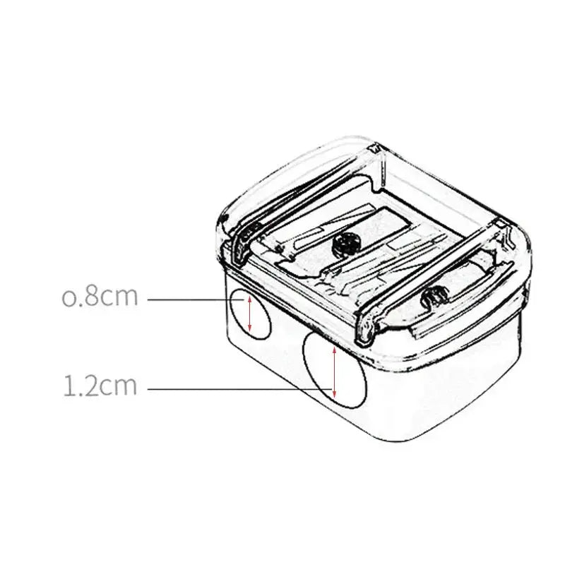 Double-hole pencil sharpener by Simples Market for lipstick and eyeliner, clear plastic case, school supplies