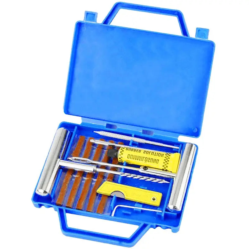 Car tire repair kit by Simples Market in blue plastic case with plugs, rasp, and insertion tools
