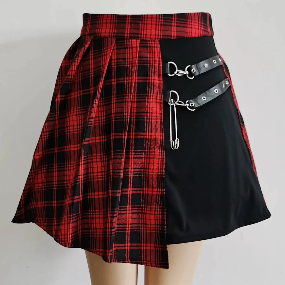 Simples Market Gothic plaid mini skirt with red-black pleated panel and black side with three silver strap accents