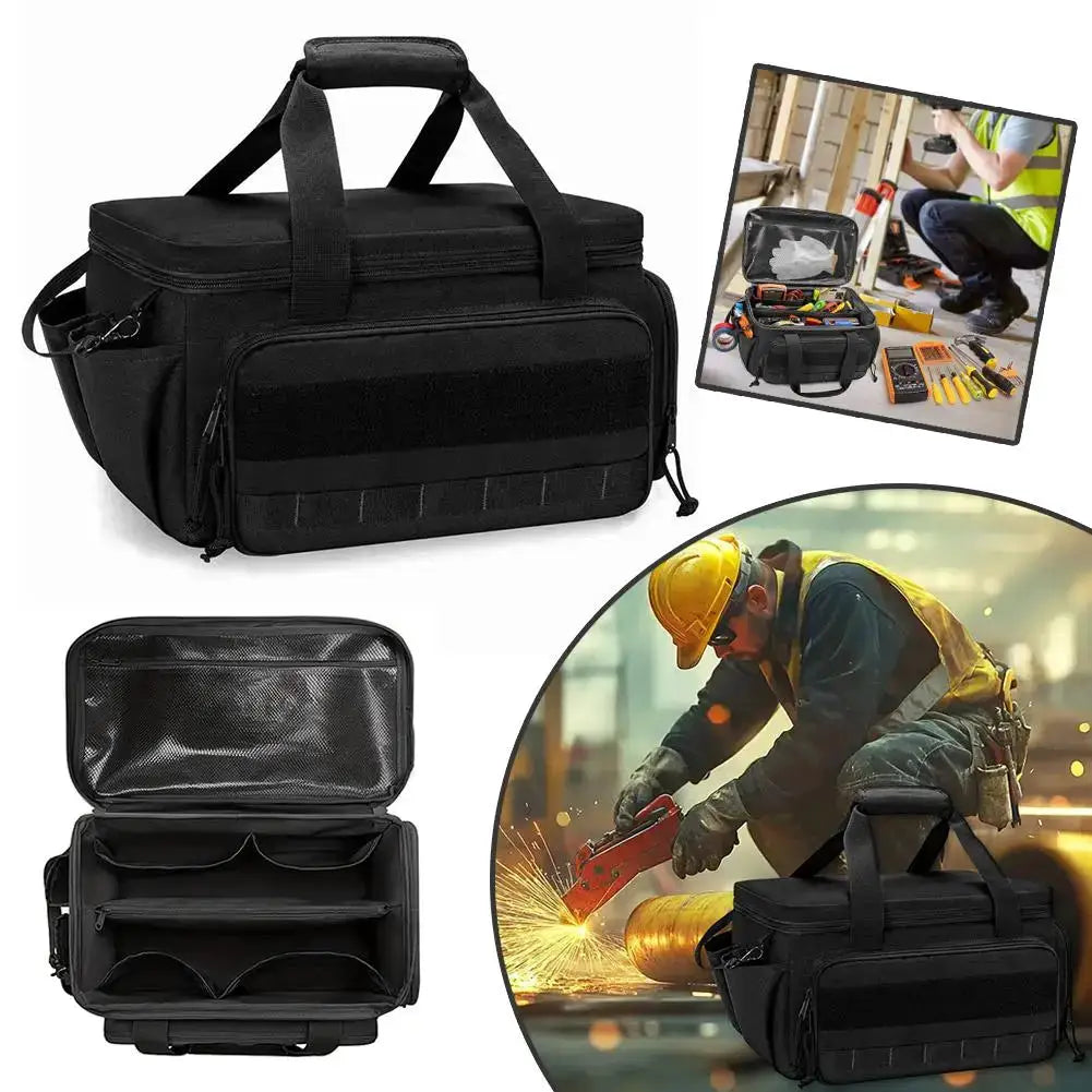 High-capacity tool storage bag by Simples Market, black with thick padded base and comfortable handle, water-resistant.