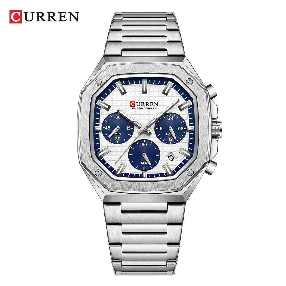 CURREN square stainless steel chronograph watch for men with date and blue subdials, stainless steel bracelet.