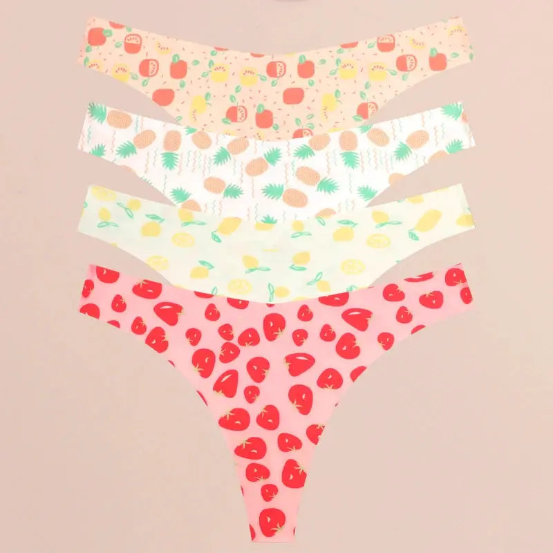 FINETOO 4Pcs ultra-soft seamless fruit-print thongs set for women