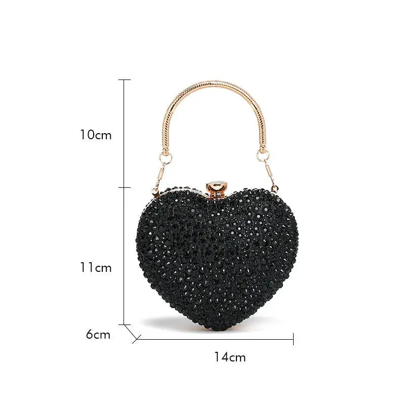 Heart-shaped black crystal clutch with gold-tone handle, rhinestone evening bag, 14cm wide x 11cm tall