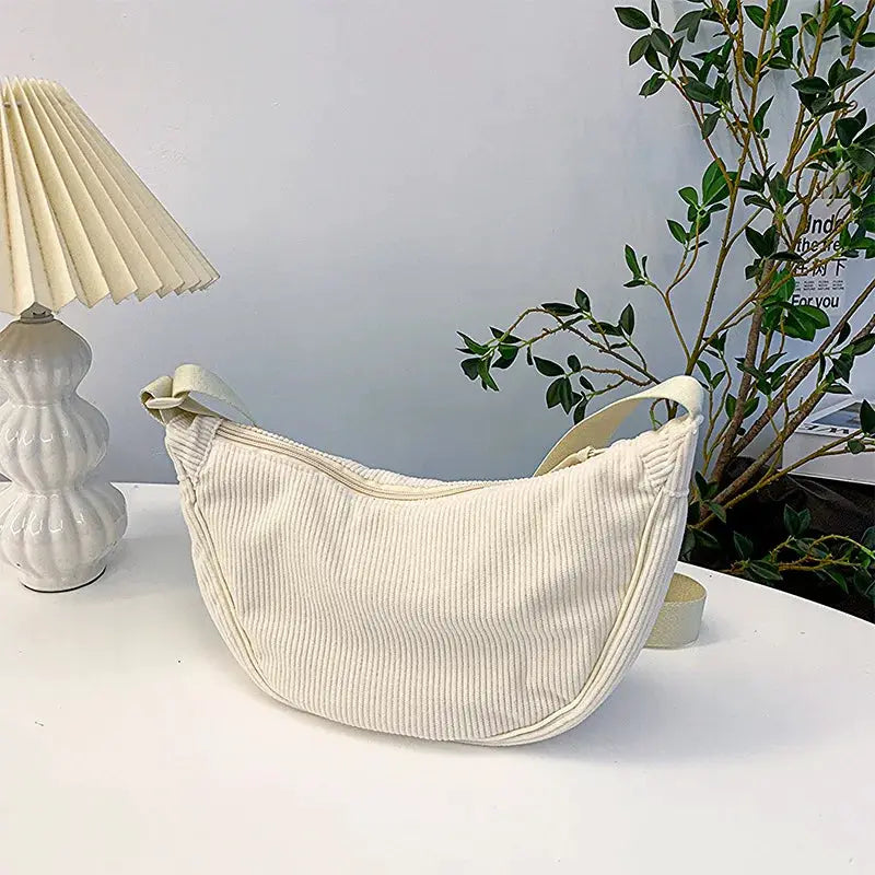 Cream corduroy hobo shoulder bag for women with crossbody strap, casual retro style