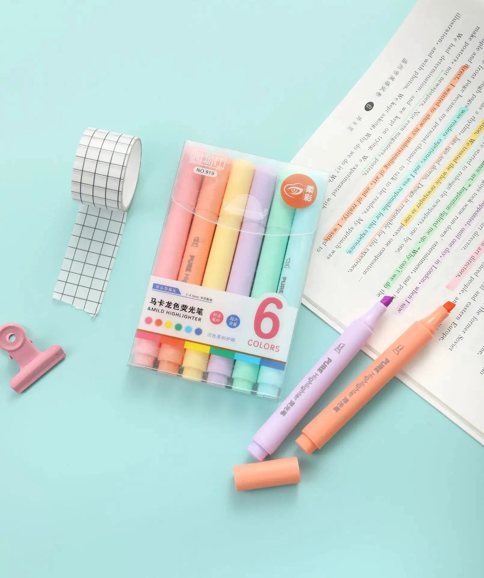 6-color pastel macaron highlighter set by Simples Market in a clear plastic case