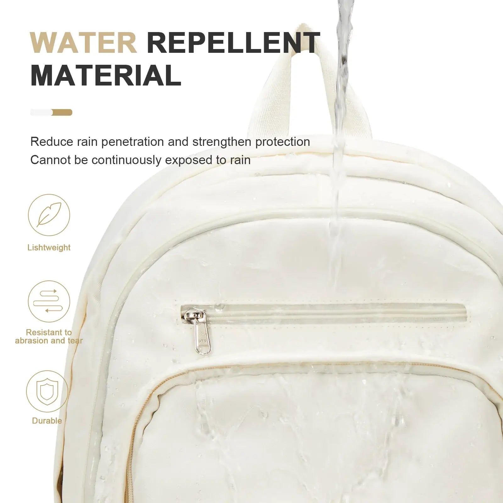 Backpack for kids, white with multiple pockets and water-repellent fabric.