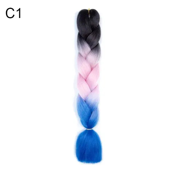 24-inch synthetic yaki braids hair, ombre black to pink to blue, jumbo braid extension