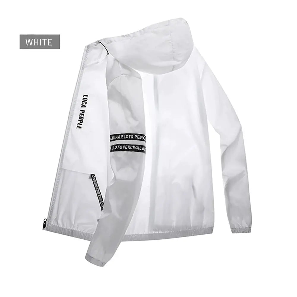 White men's anti-UV hooded cycling jacket with zip front and long sleeves
