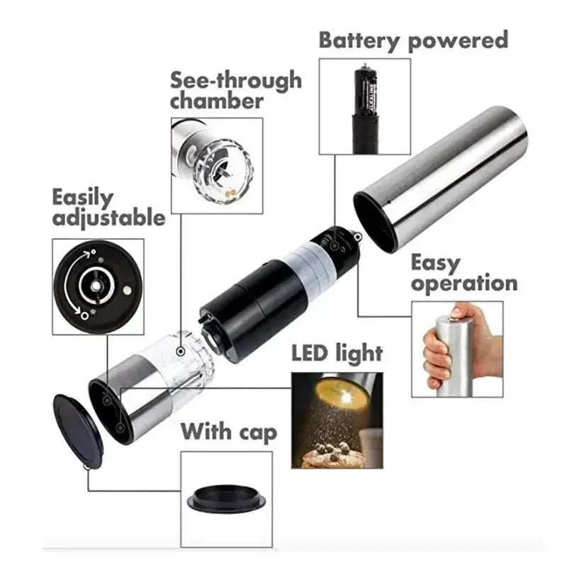 Electric Salt and Pepper Grinder Set Stainless Steel One Handed Operation Automatic Spice Mill with Light for Kitchen